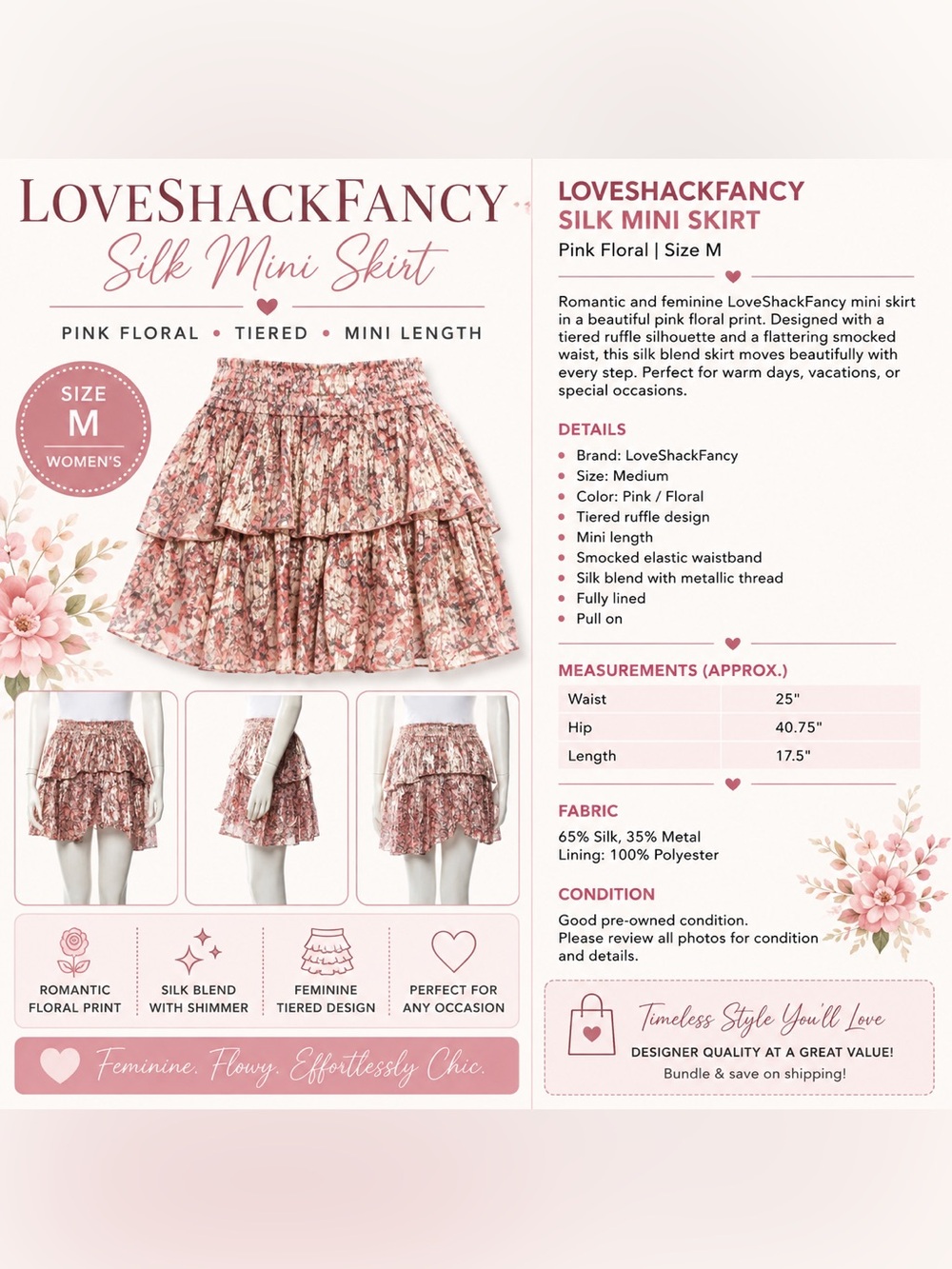 LoveShackFancy Silk Floral Tiered Mini Skirt – Pink – Size M